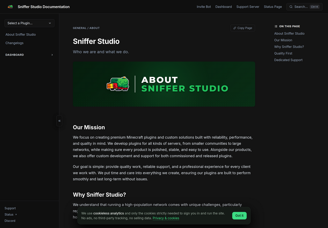 The Sniffer Studio documentation site, showing the About Sniffer Studio page.
