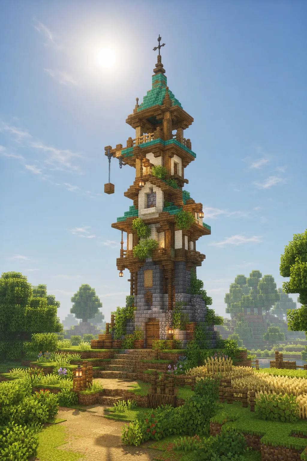 Tall Minecraft tower in a bright countryside landscape